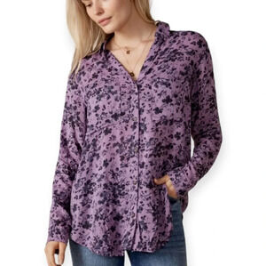 Anthropologie Pilcro Romy Relaxed Button Up Blouse Purple Floral Oversize XS